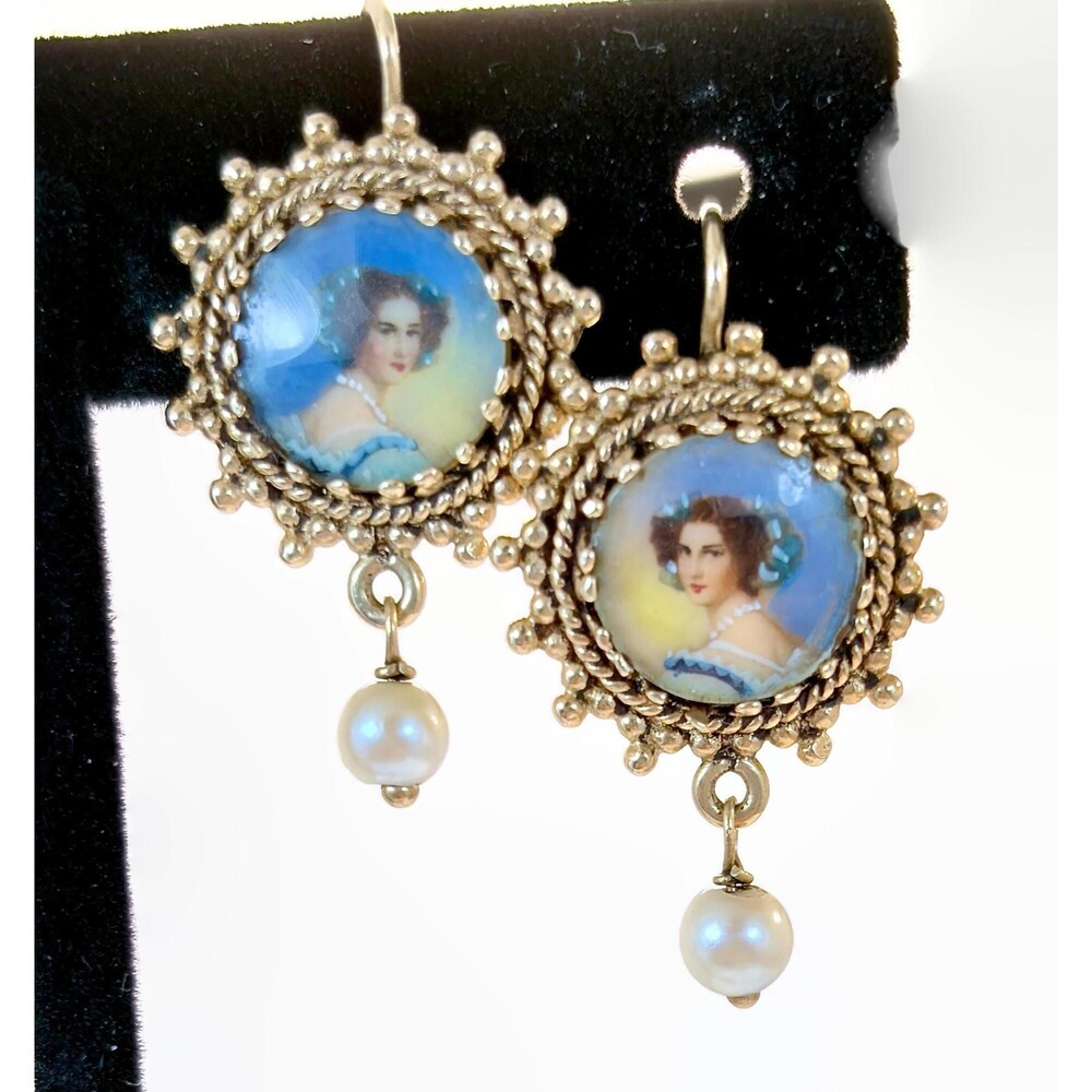 Antique Earrings, 14K Yellow Gold Hand Painted Portrait Pearl Miniature Portrait
